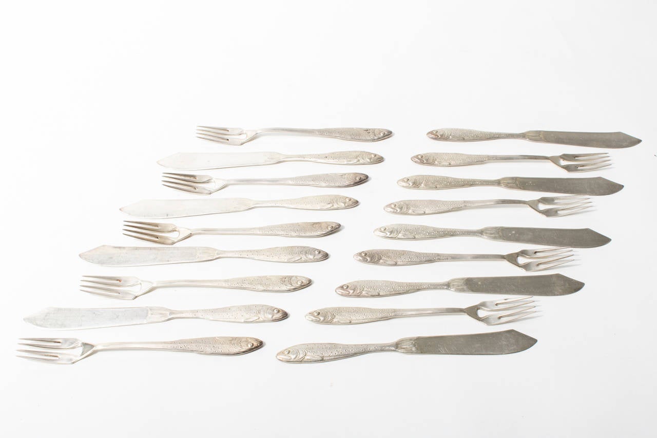 Early 20th Century Set of 20 Jugendstil Fish Cutlery Set by Orivit Cologne, Designed in 1907 For Sale