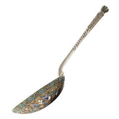 Marked 19th Century Muscovite Russian 84er Silver Cloisonné Serving Spoon