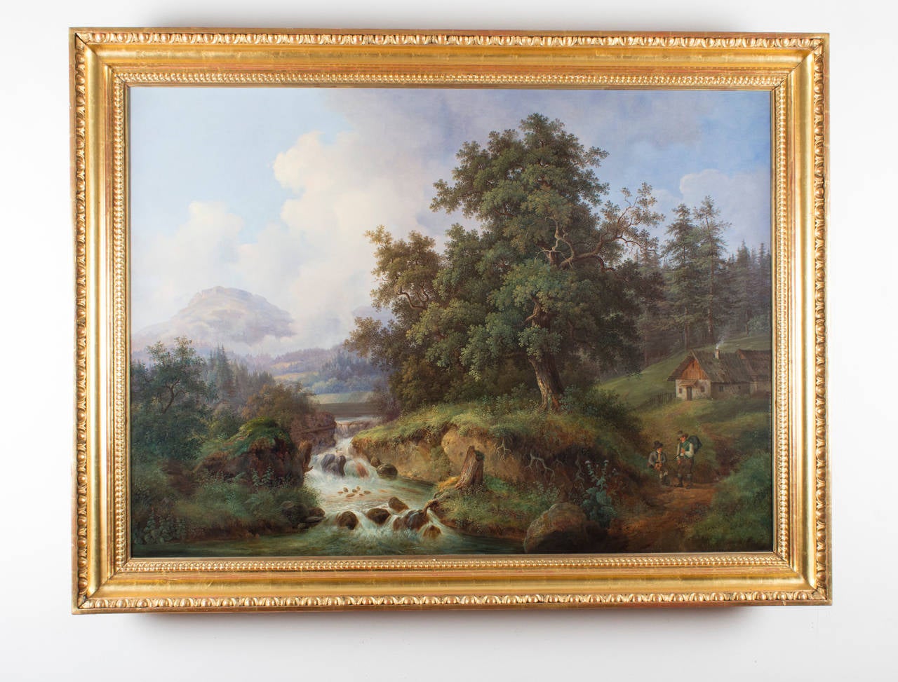 Joseph (Josef) Jonas, Ansicht des Salzkammergutes, mit figürlicher Staffage in Salzburger/weststeirischer Tracht, Öl auf Leinwand, unterfüttert und gereinigt in originalem Ochsenaugenrahmen.

Dekorativ signiert und datiert auf dem Stein an der