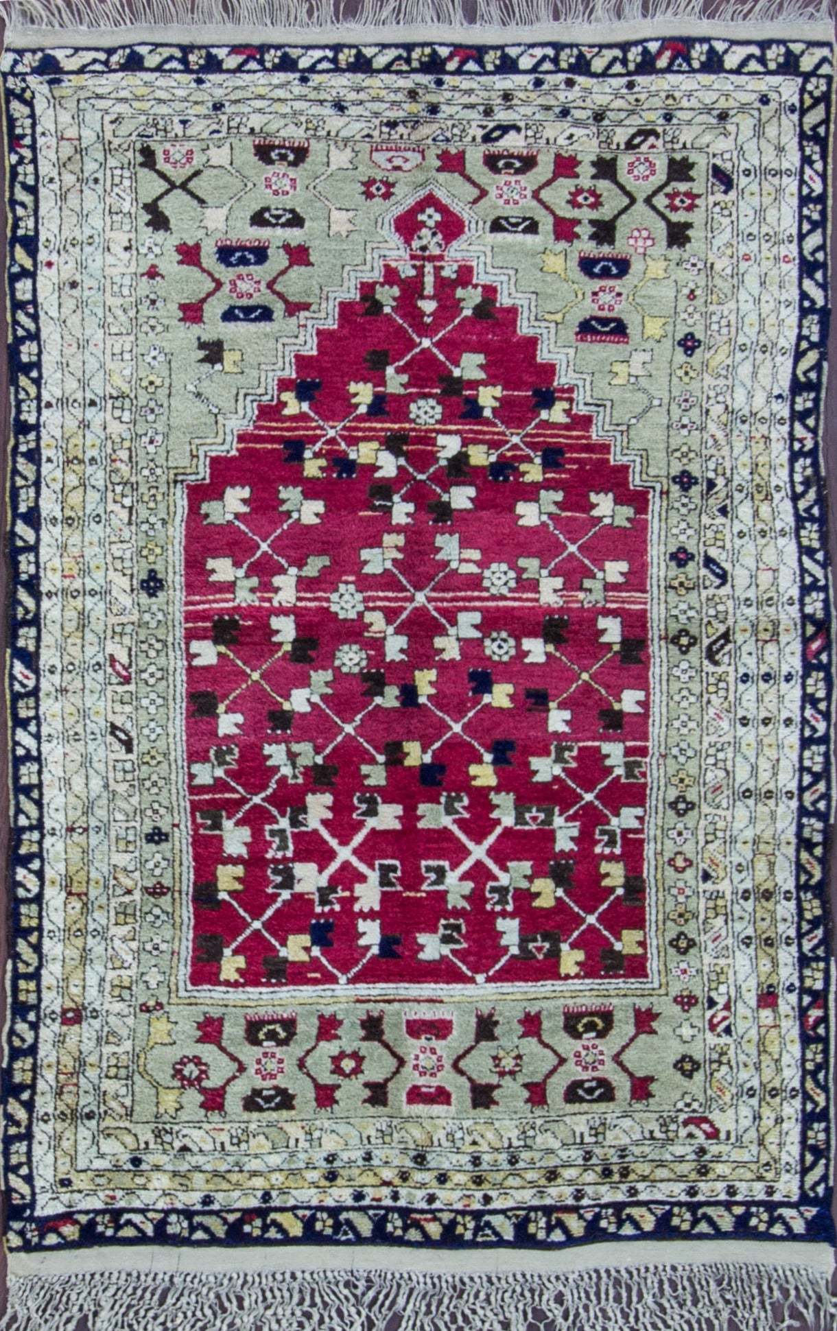 Konya prayer rug, Turkey, circa turn of the 19th century. Vegetable wool pile on wool foundation. A truly exceptional color, design, quality antique rug.