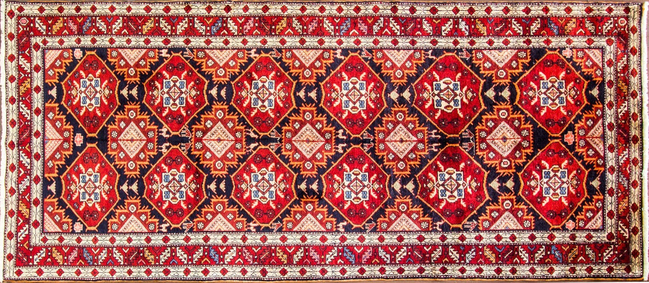 Persian Hamadan Melayer rug, circa 1960. Vegetable dye fine wool pile on cotton foundation with all-over geometric and animal design. Purchased from east cost collection.
The city of Hamadan and surrounding villages that are an important rug making