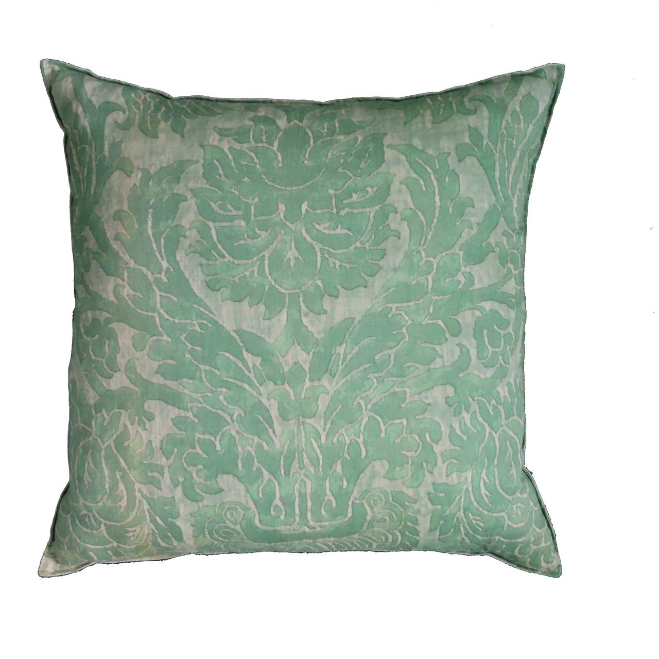 1950s Barberini Fortuny in a discontinued sea foam color. Backed with sea foam green and finished with a tiny French seam. Sewn closed. 90/10 Down filled. Two available.

Pillows made in 2015.