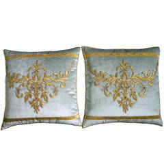 Antique Ottoman Empire Raised Silver and Gold Metallic Embroidered Pillows