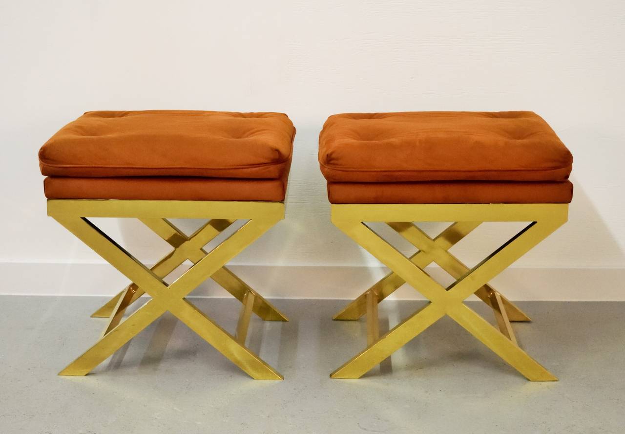 Mid-Century Modern Pair of Brass X-Benches by Weiman
