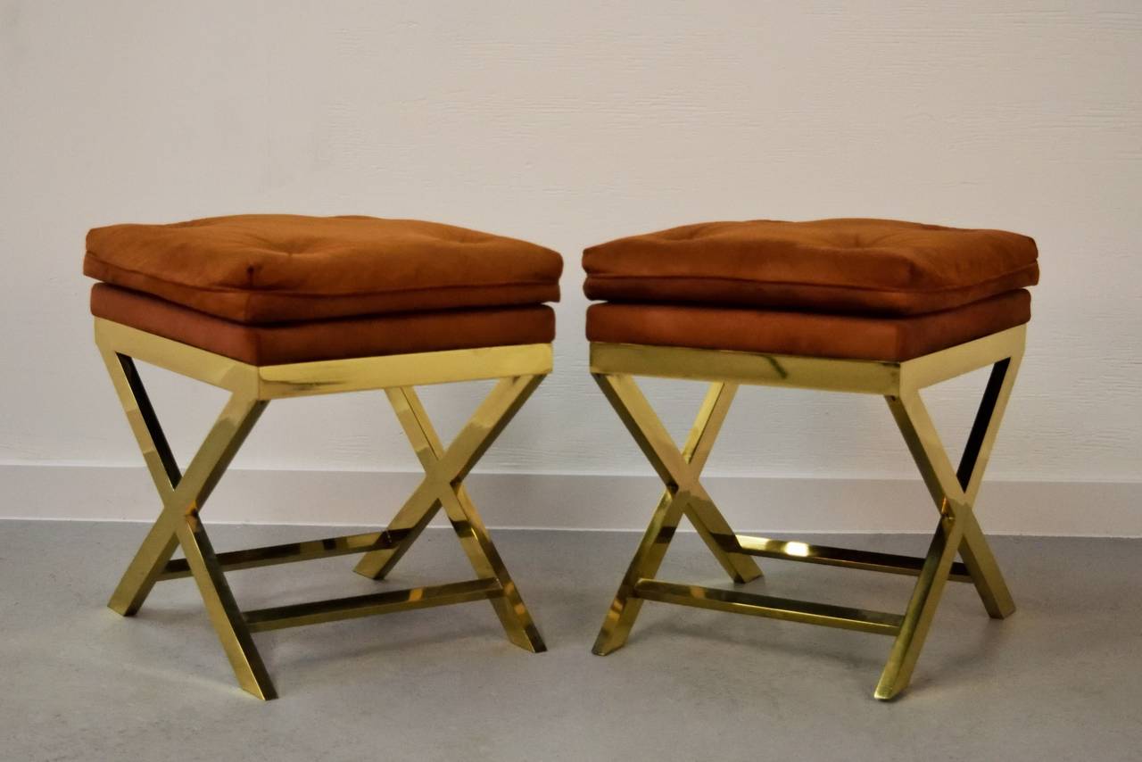 Pair of Brass X-Benches by Weiman 3
