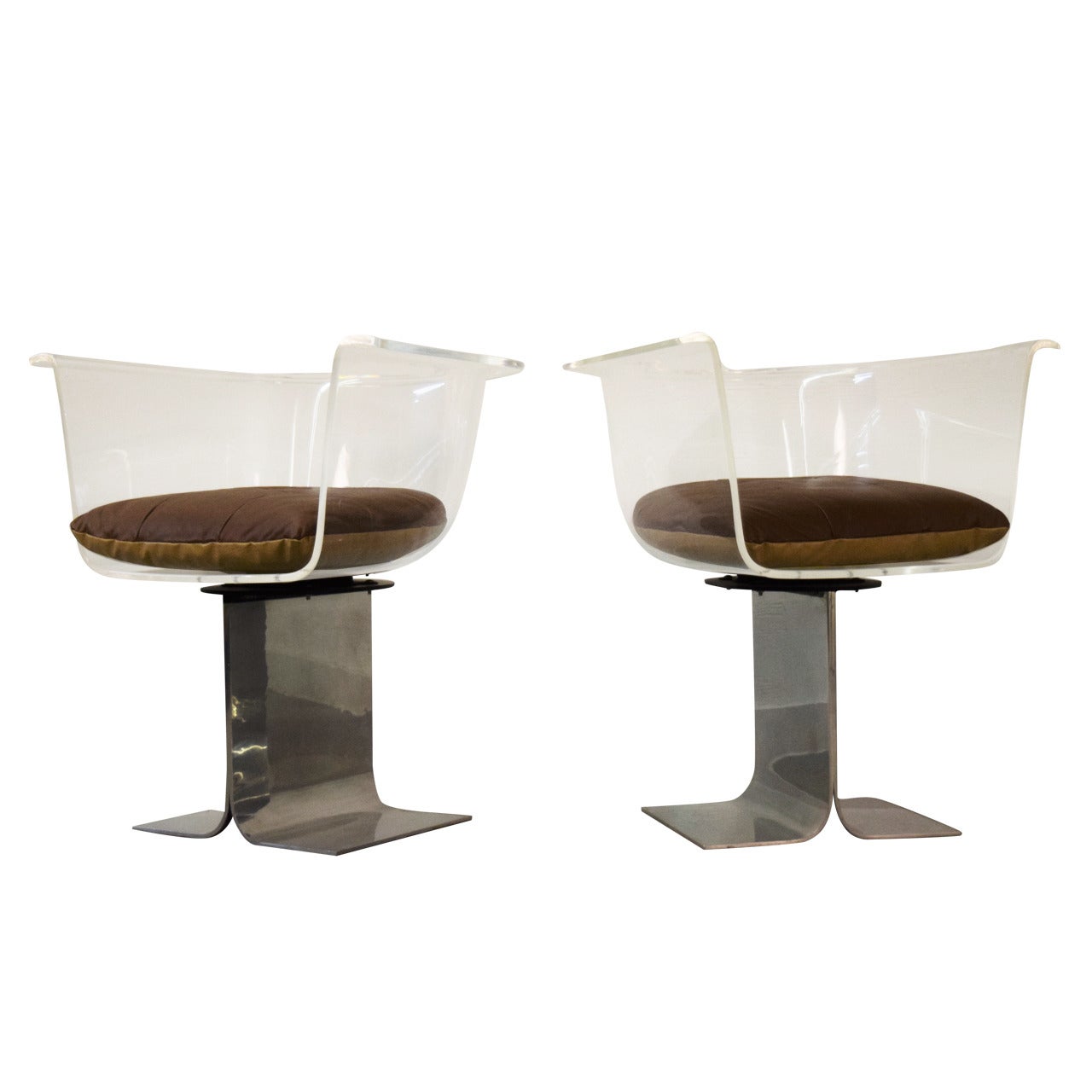 Pair of Lucite Swivel Chairs with Steel Bases