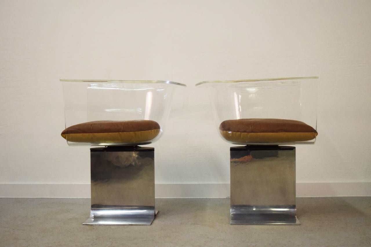 Mid-Century Modern Pair of Lucite Swivel Chairs with Steel Bases