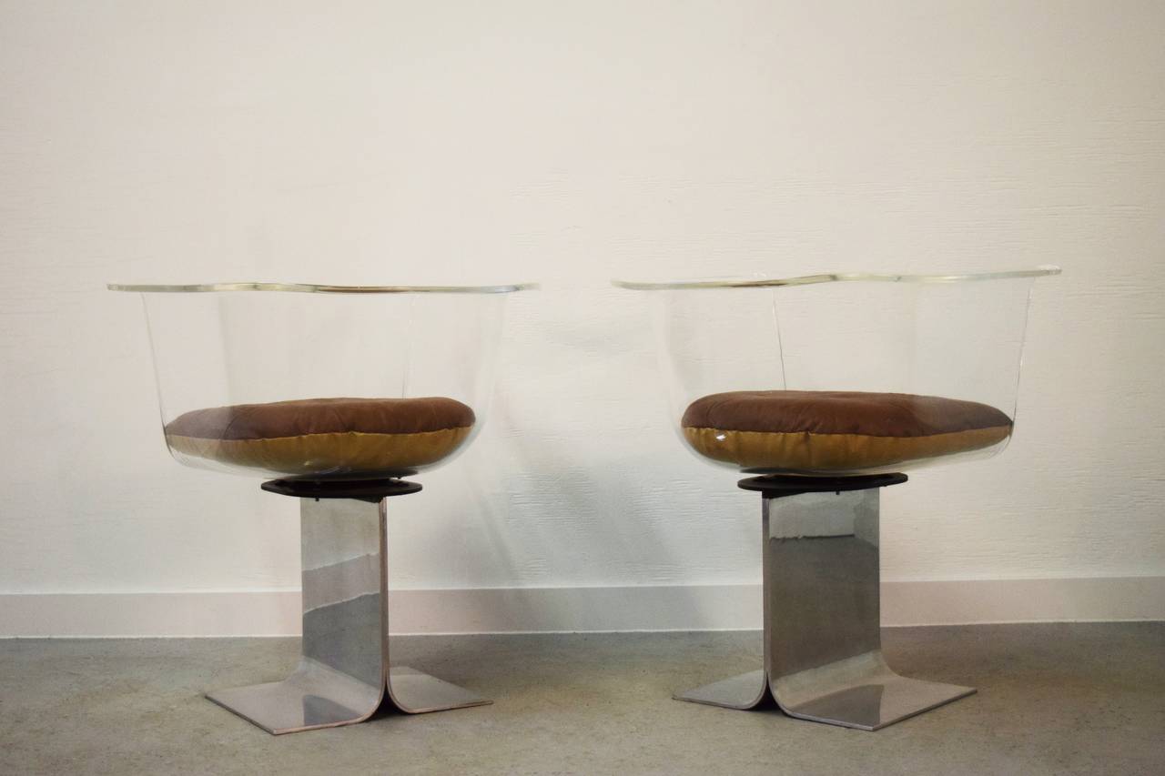 Pair of Lucite Swivel Chairs with Steel Bases In Excellent Condition In Middlesex, NJ