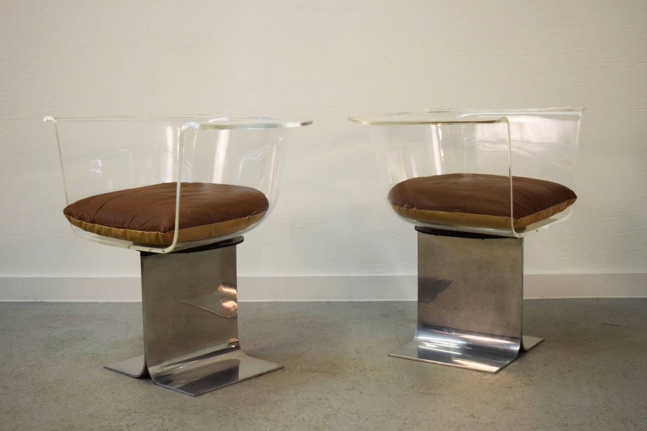 Pair of Lucite Swivel Chairs with Steel Bases 2