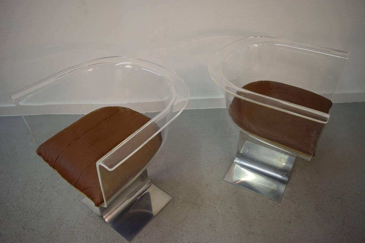 Pair of Lucite Swivel Chairs with Steel Bases 4