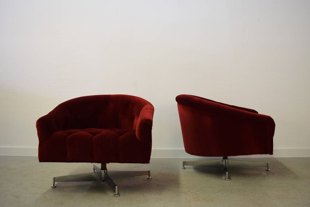 Pair of Ward Bennett tufted lounge chairs. Reupholstered in a red wine velvet.