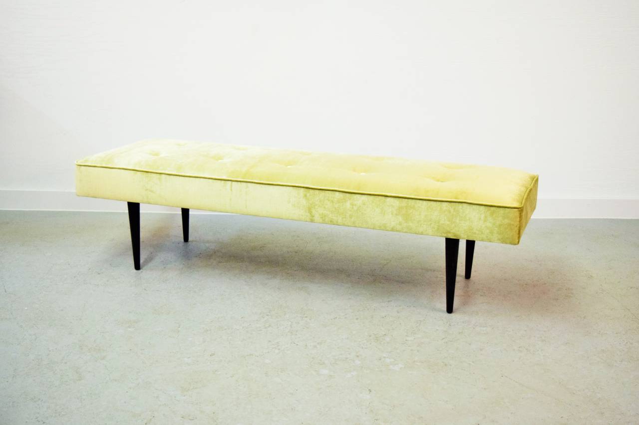 Milo Baughman Tufted Bench. New velvet upholstery and freshly lacquered legs.  Original Thayer Coggin paper label intact.