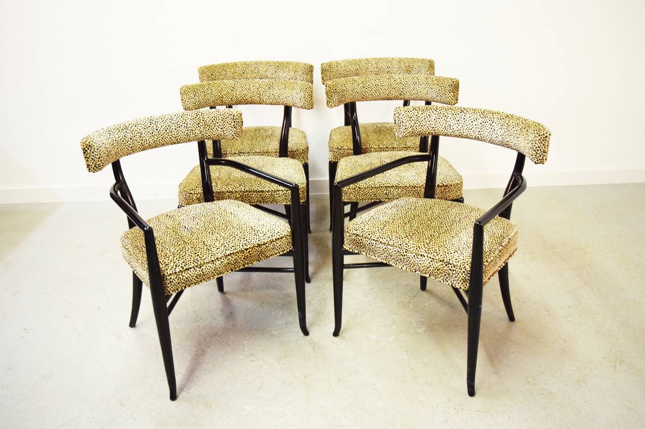 Set of six T.H. Robsjohn-Gibbings dining chairs. Two-arm chairs and four side chairs. Armchairs: 22