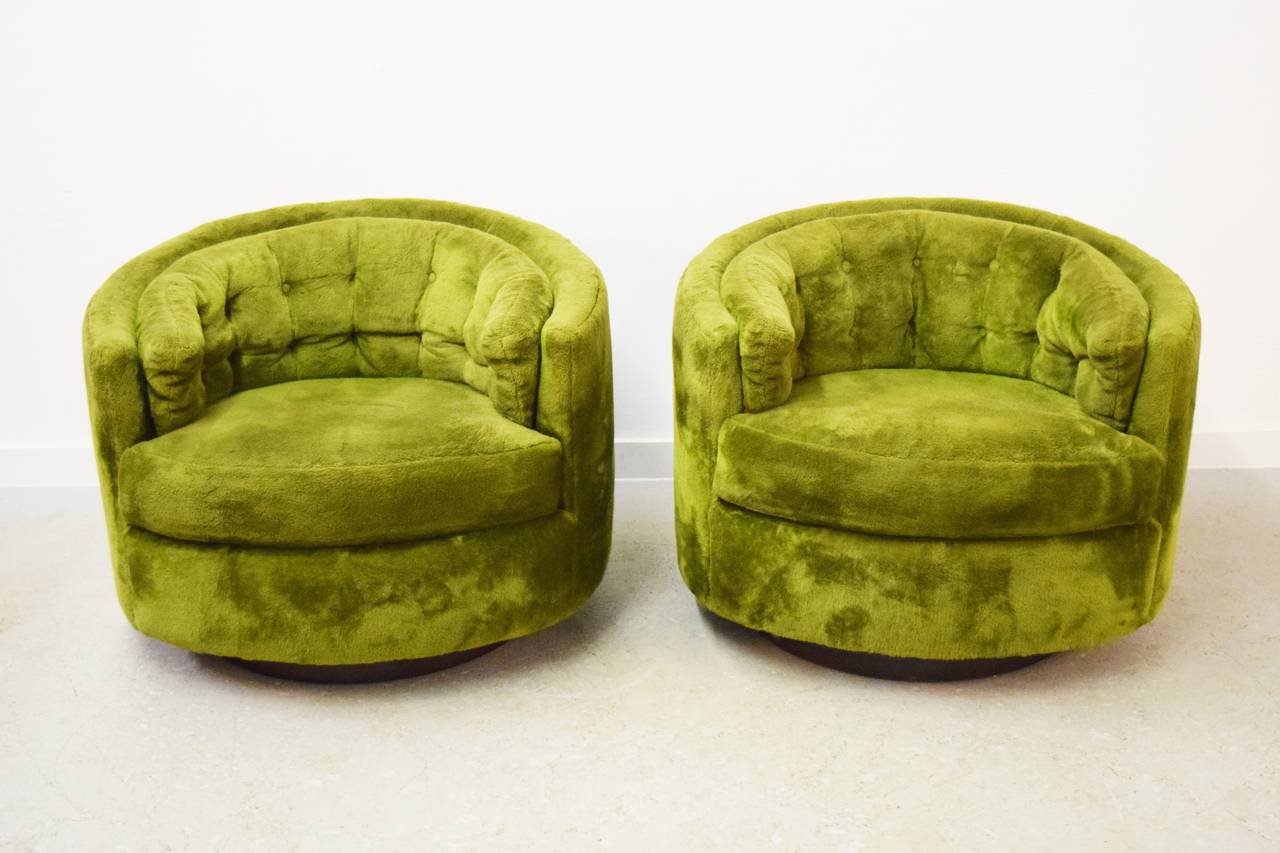Pair of Milo Baughman Tufted Swivel Tub Chairs 2