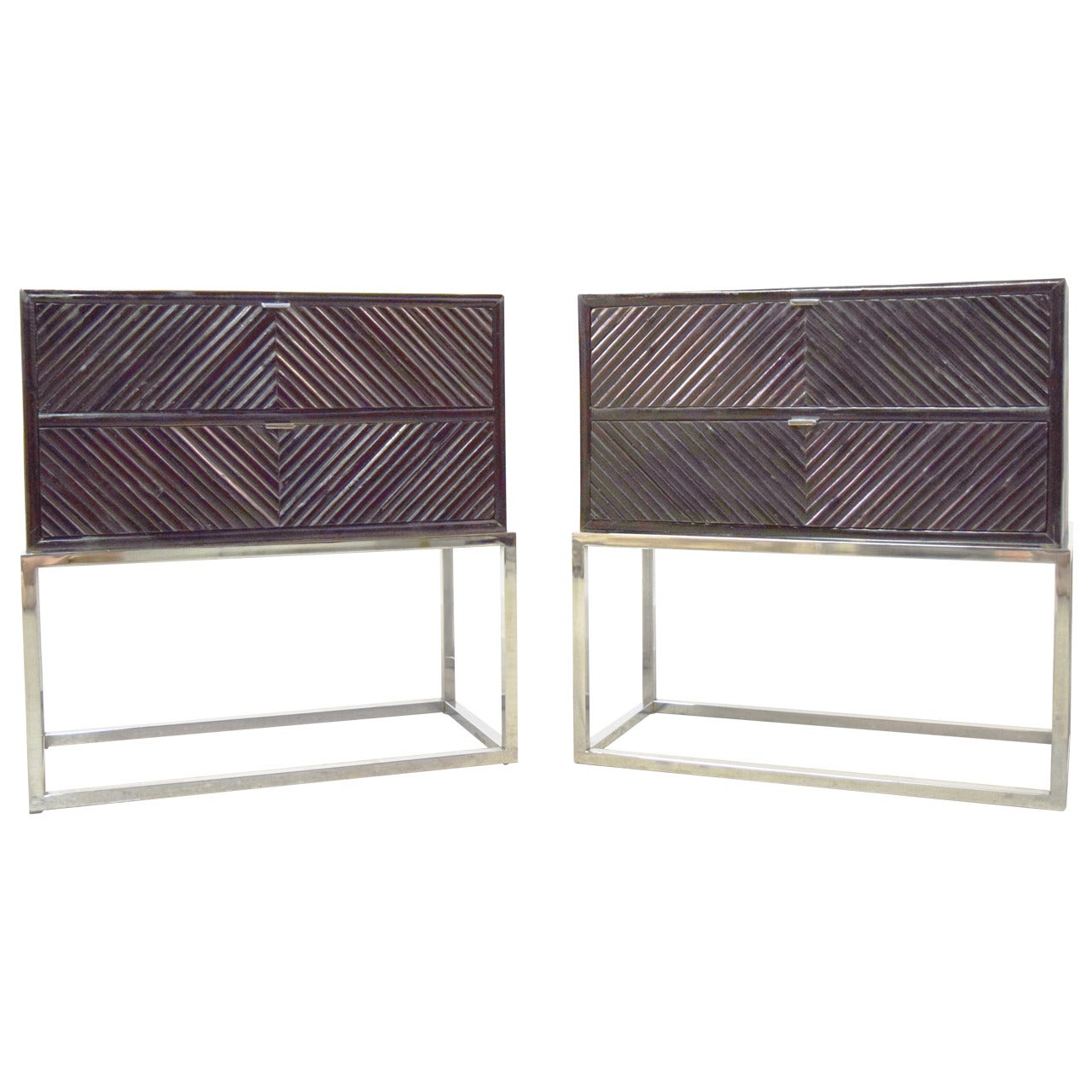 Pair of Milo Baughman Bamboo and Chrome End Tables/Nightstands