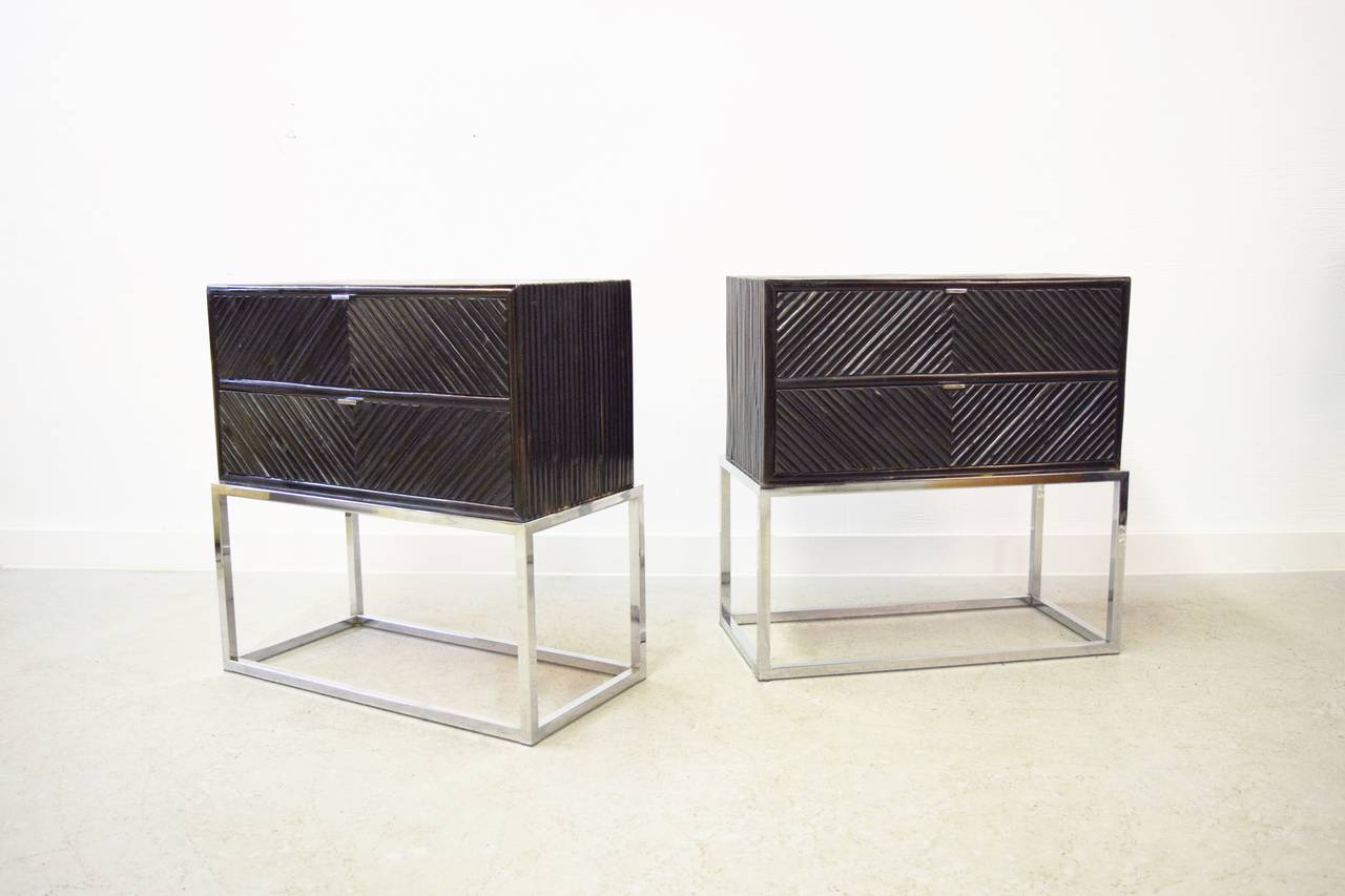 Pair of Milo Baughman bamboo and chrome end tables/nightstands.