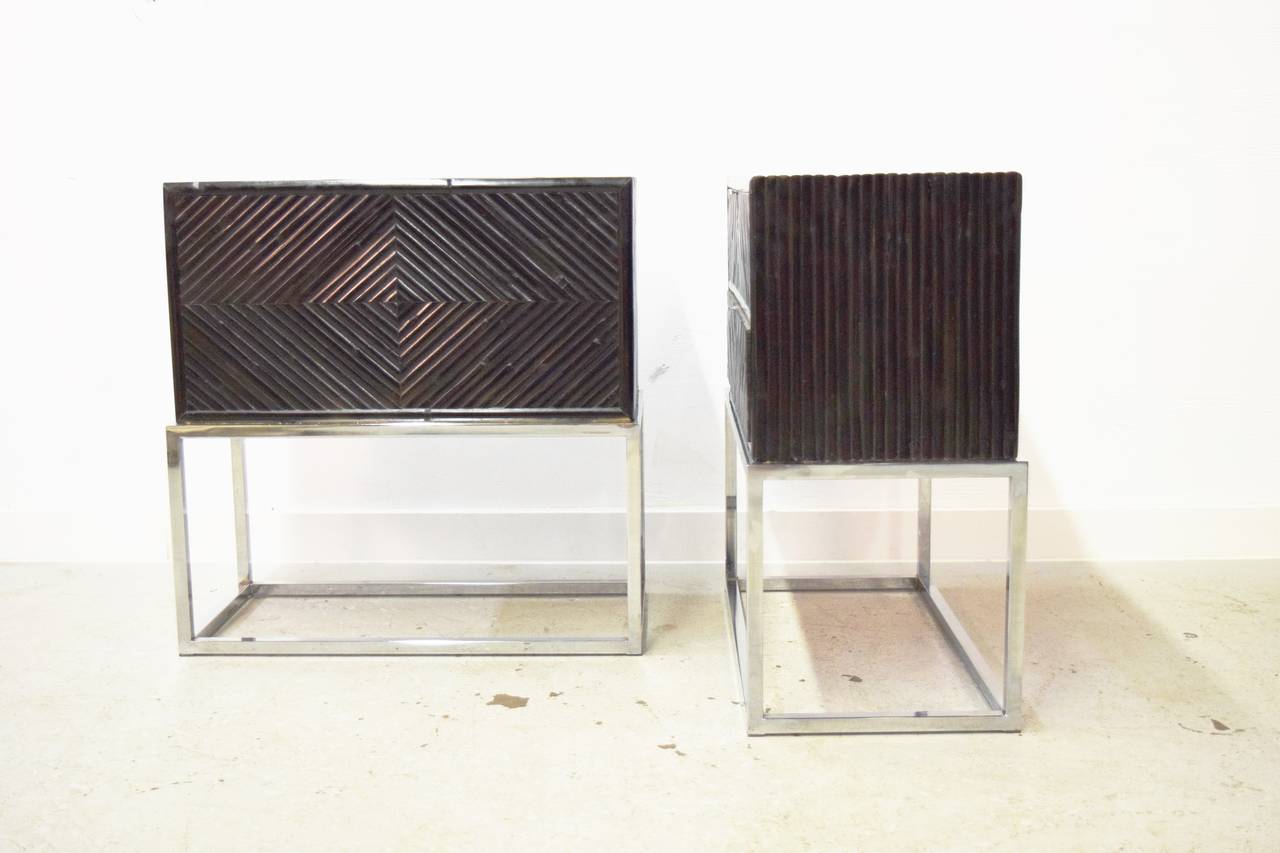 American Pair of Milo Baughman Bamboo and Chrome End Tables/Nightstands