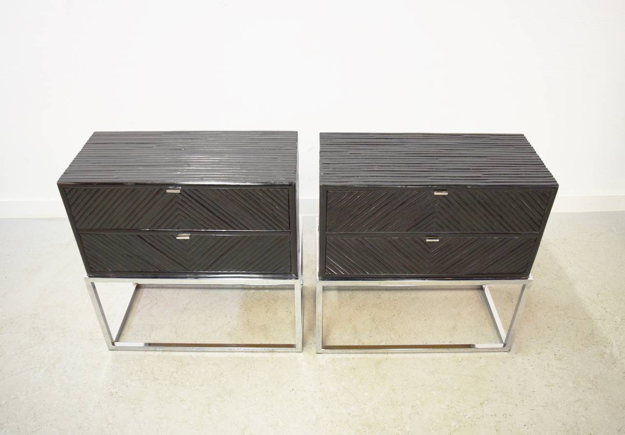 Pair of Milo Baughman Bamboo and Chrome End Tables/Nightstands In Good Condition In Middlesex, NJ