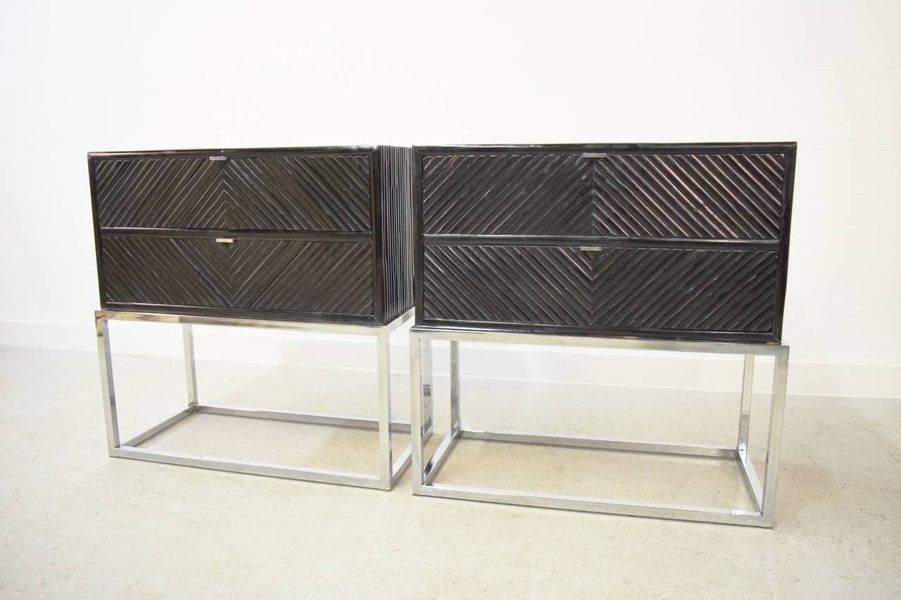 20th Century Pair of Milo Baughman Bamboo and Chrome End Tables/Nightstands