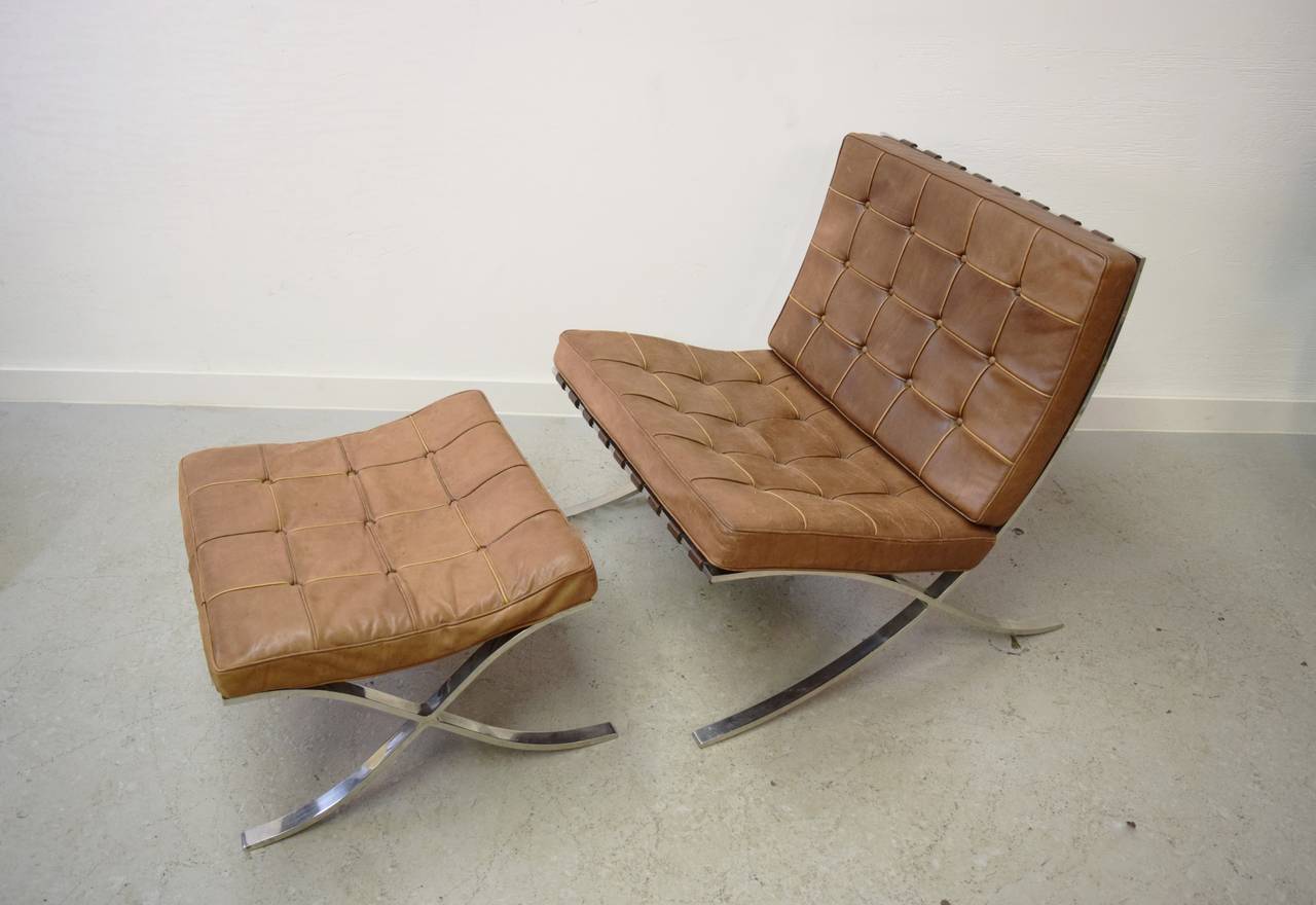Ludwig Mies van der Rohe Barcelona Chair and Ottoman.  Knoll International paper labels underside of chair as well as ottoman. 

Original condition showing original patina. 
Ottoman: 24
