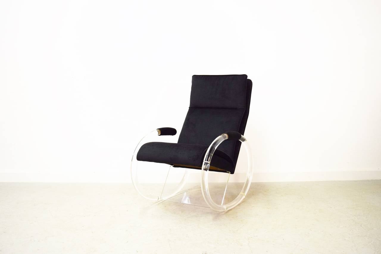 Charles Hollis Jones Lucite rocker. Chair has been newly upholstered with a black soft suede velvet.