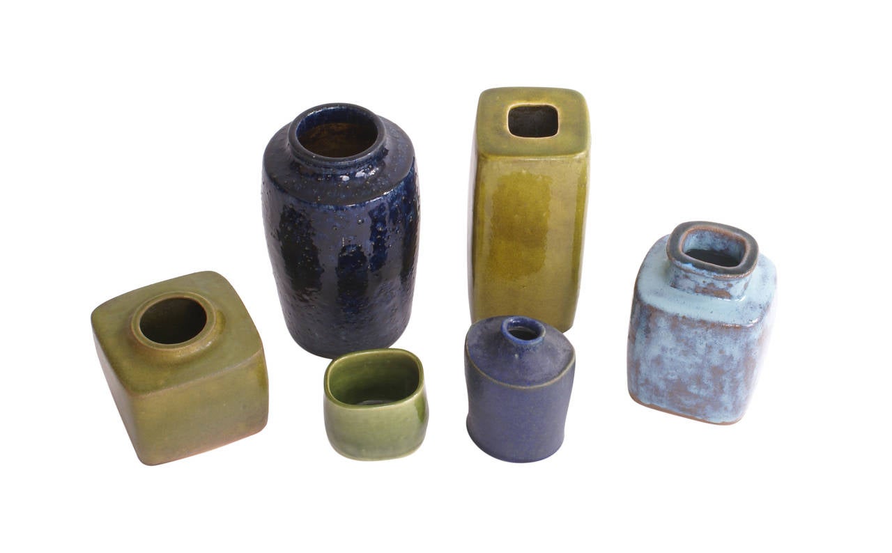 Collection of six studio vases by Christian Poulsen. Beautiful glaze to all six vases, all three are unique. Christian Poulsen ceramics was used in many of Finn Juhl installations and there is also a handful of Poulsen vases in the house of Finn