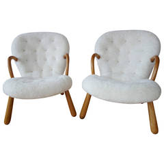 Philip Arctander Pair of Clam Easy Chairs in Sheepskin