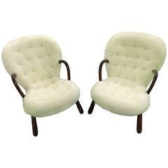 Philip Arctander Pair of Clam Easy Chairs in Sheepskin
