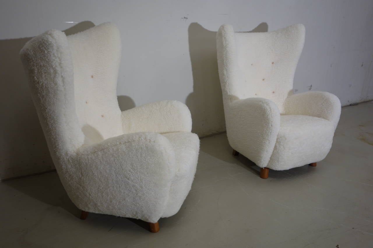 Mid-20th Century Mogens Lassen Pair of Easy Chairs in Sheepskin