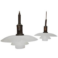 Pair of Poul Henningsen 1930s Pendants in Brass and Frosted Glass