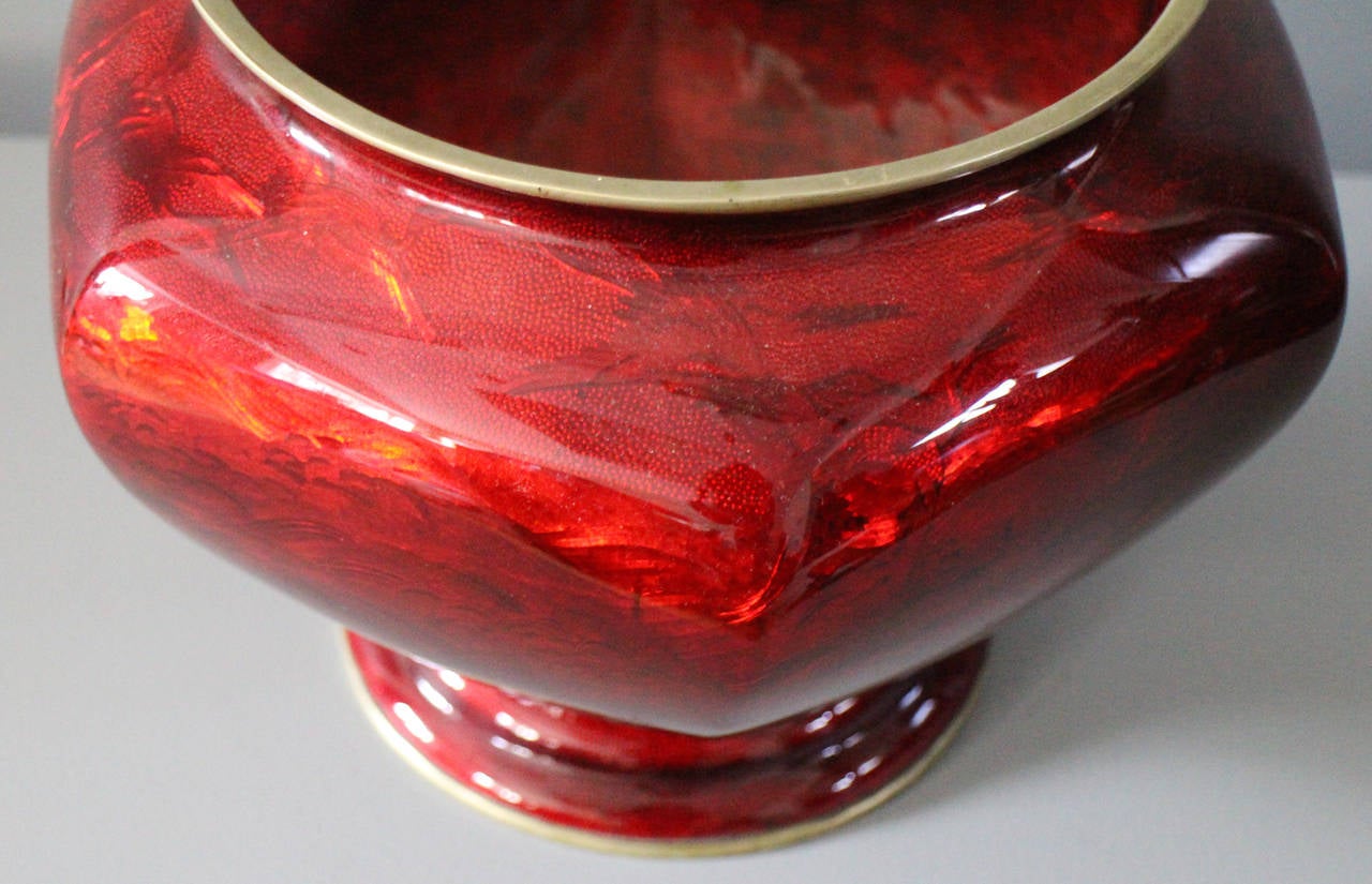 Japanese Chased Metal Red Enamelled Vase For Sale 1