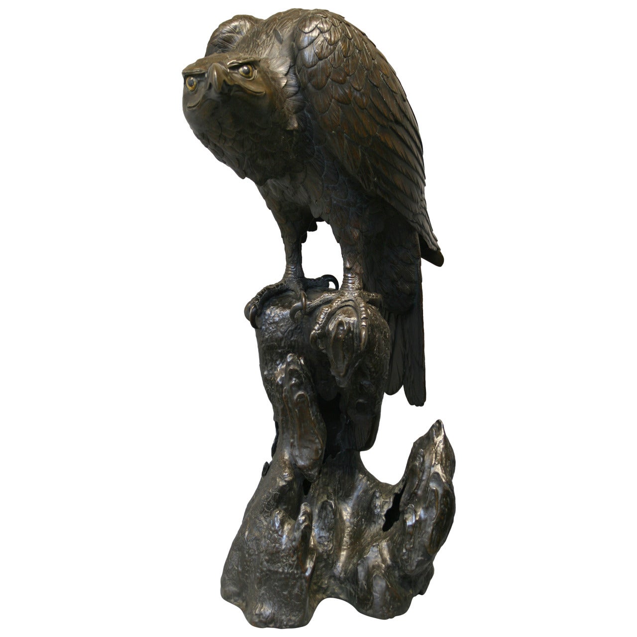 A very large Japanese bronze Hawk Koro (incense burner) sculpture