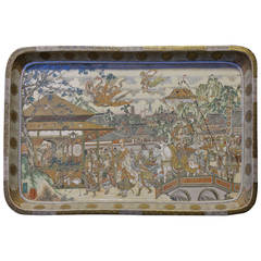 A very large fine Japanese Satsuma tray depicting Jizō and Kannon (Guan Yin)