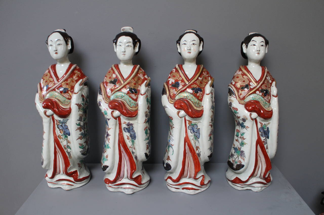 A collection of eight (six large and two smaller) Japanese Arita (Imari) figures of Bijin, an unusual design of thistles decorates their kimono. They reputability came from the same European Château and have always been together because of the