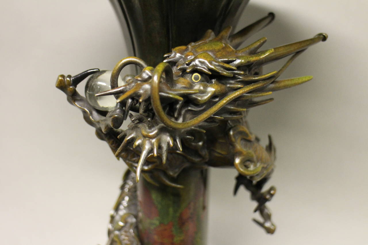 Japanese Bronze Fluted Vase Decorated with a Dragon at 1stDibs
