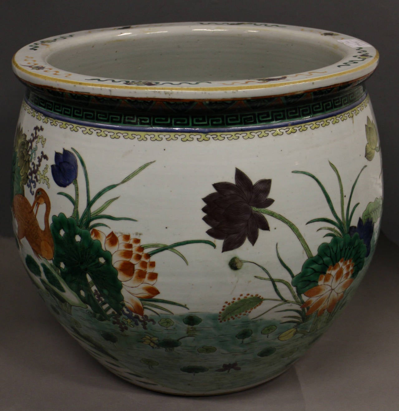 Japanese Chinese Famille Verte Jardinière Decorated with Ducks and a Lily Pond For Sale