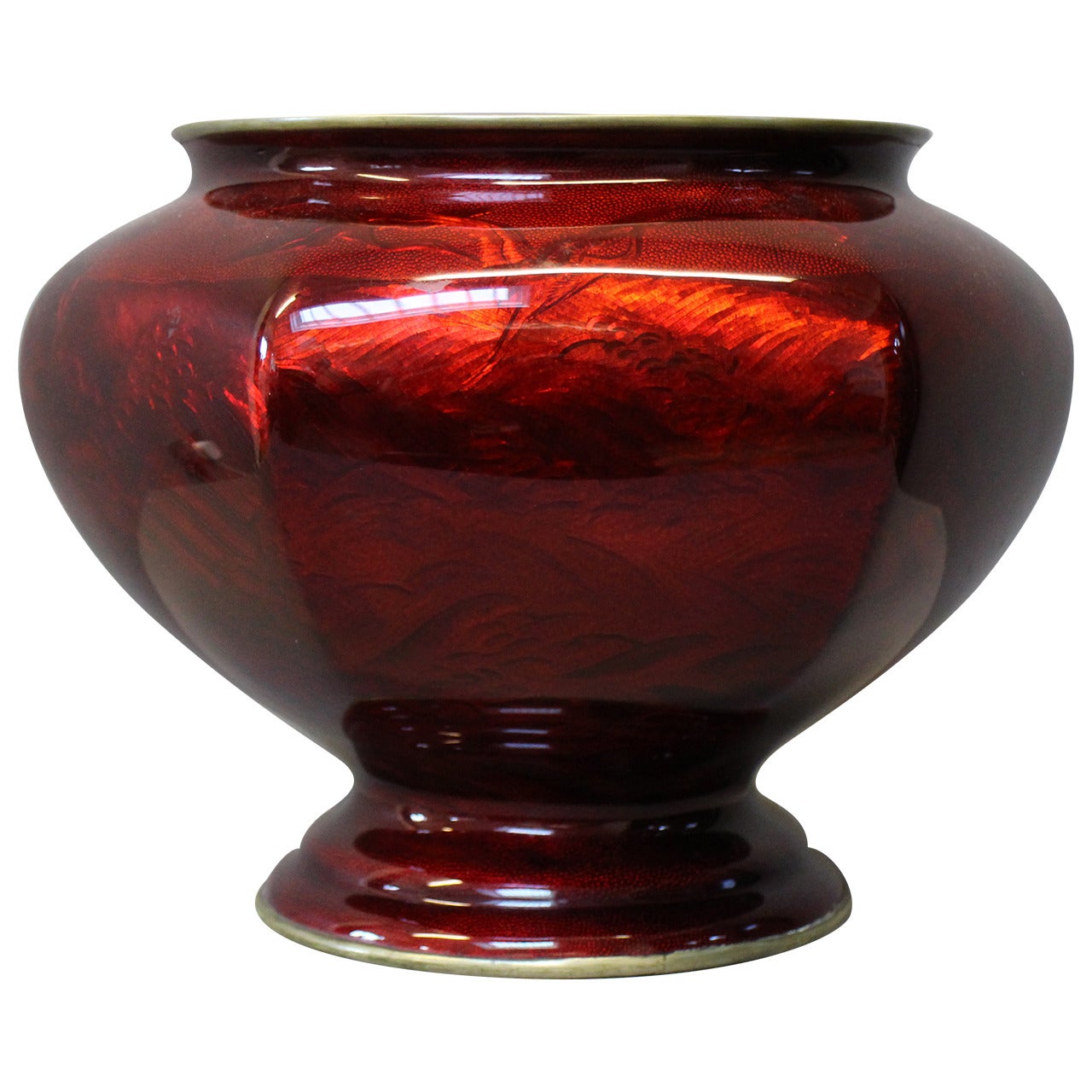 Japanese Chased Metal Red Enamelled Vase For Sale