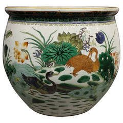 Chinese Famille Verte Jardinière Decorated with Ducks and a Lily Pond