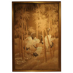 Large Japanese Silk Embroidery of Cranes in a Bamboo Forest