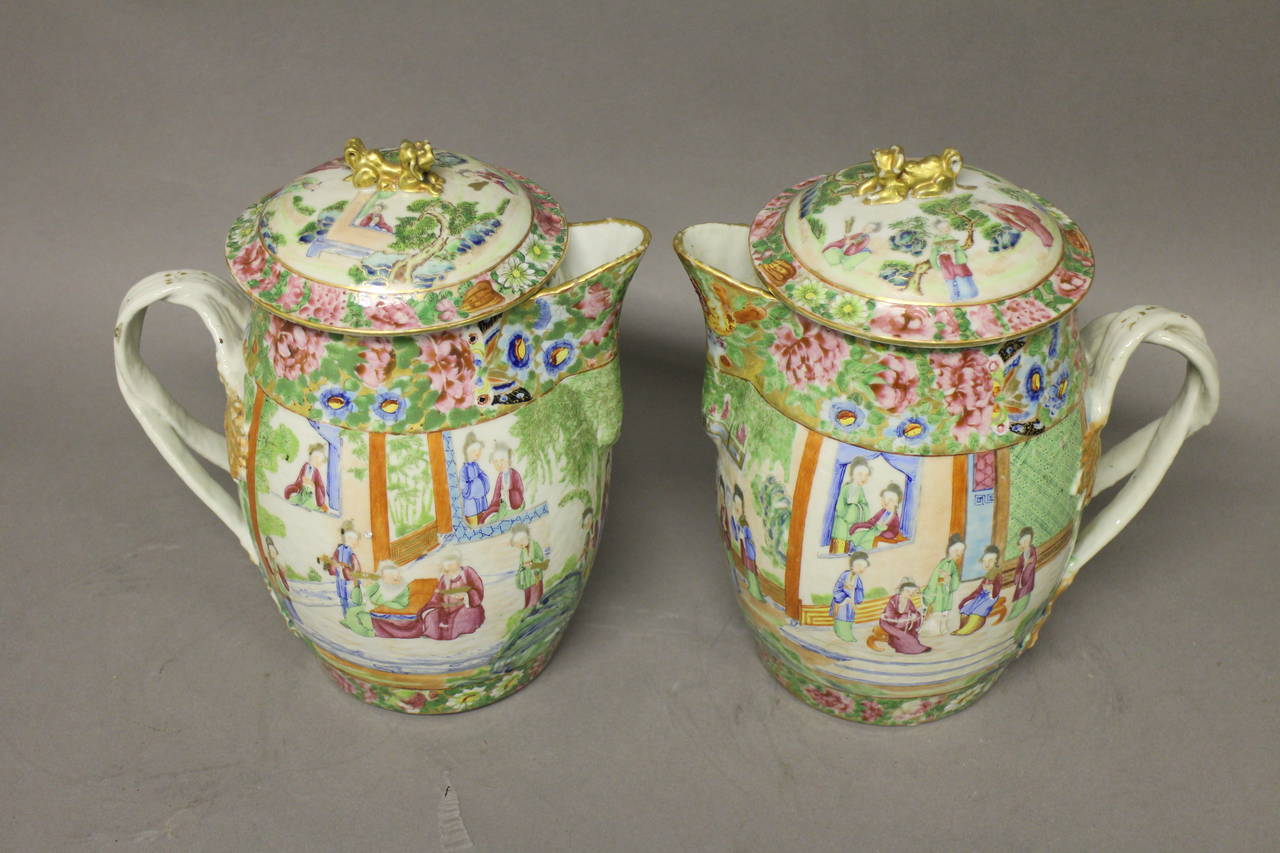 Chinese Pair of Cantonese Jugs and Lids For Sale