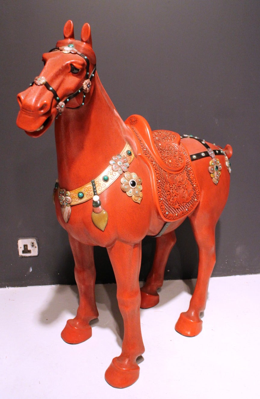 20th Century Very Large, Carved Chinese Red Lacquer Horse For Sale