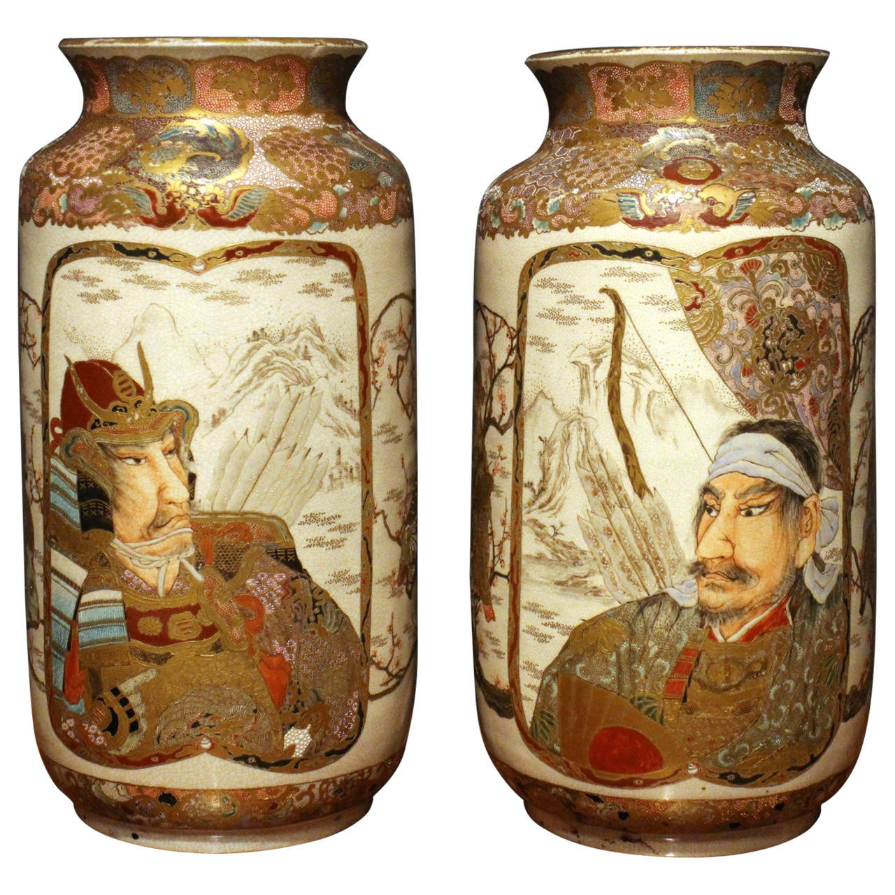 Pair of Japanese Satsuma Vases Decorated with Portraits of Samurai at