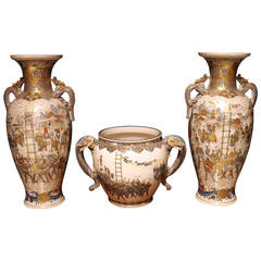 Set of Three Japanese Satsuma Vases with an Acrobat Design
