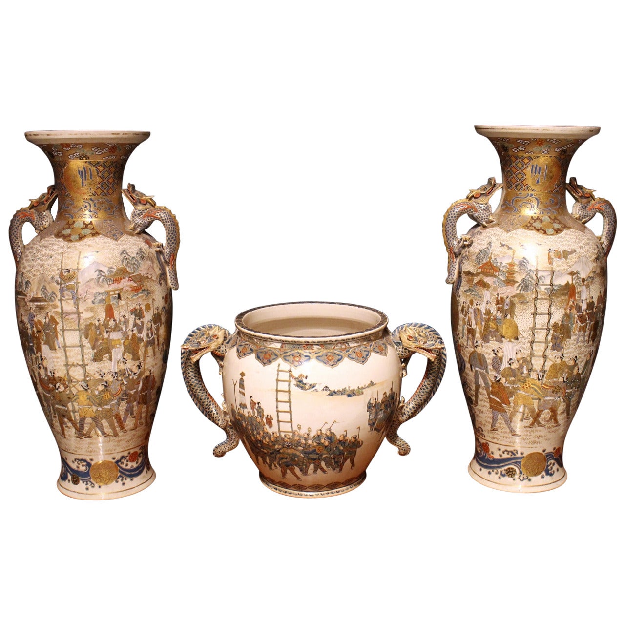 Set of Three Japanese Satsuma Vases with an Acrobat Design For Sale
