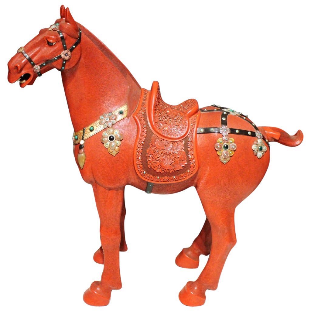 Very Large, Carved Chinese Red Lacquer Horse For Sale