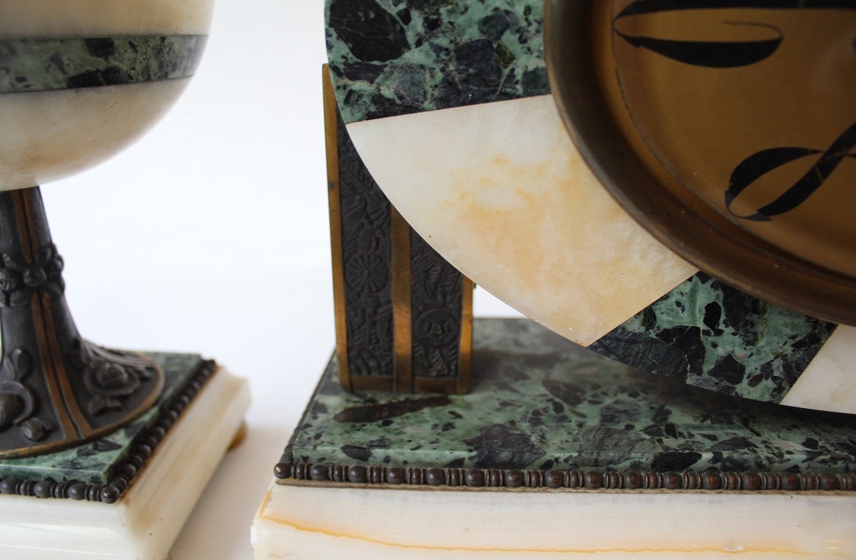 Mid-20th Century Art Deco Marble and Bronze Garniture by Julien, St. Etienne, circa 1930 For Sale