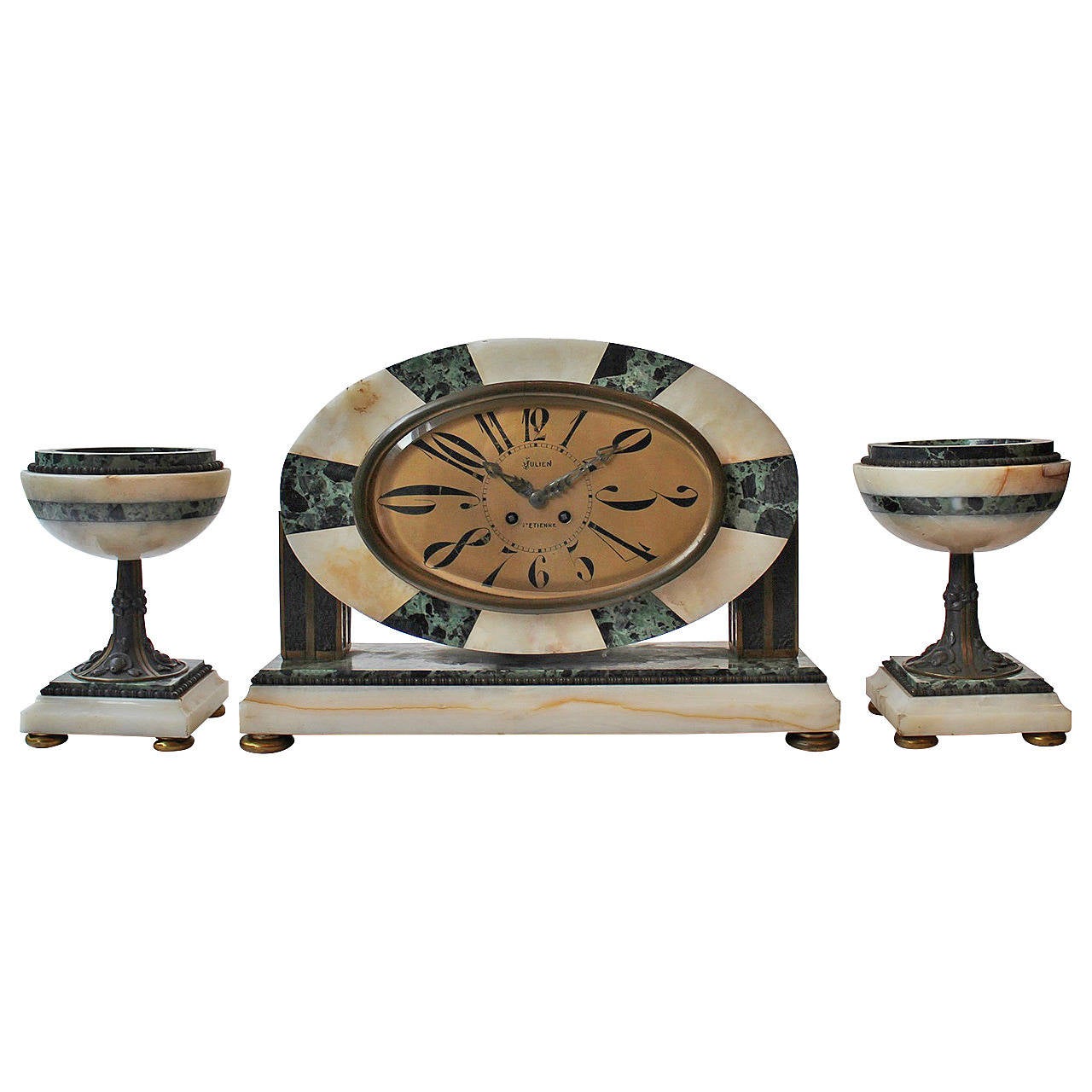 Art Deco Marble and Bronze Garniture by Julien, St. Etienne, circa 1930 For Sale