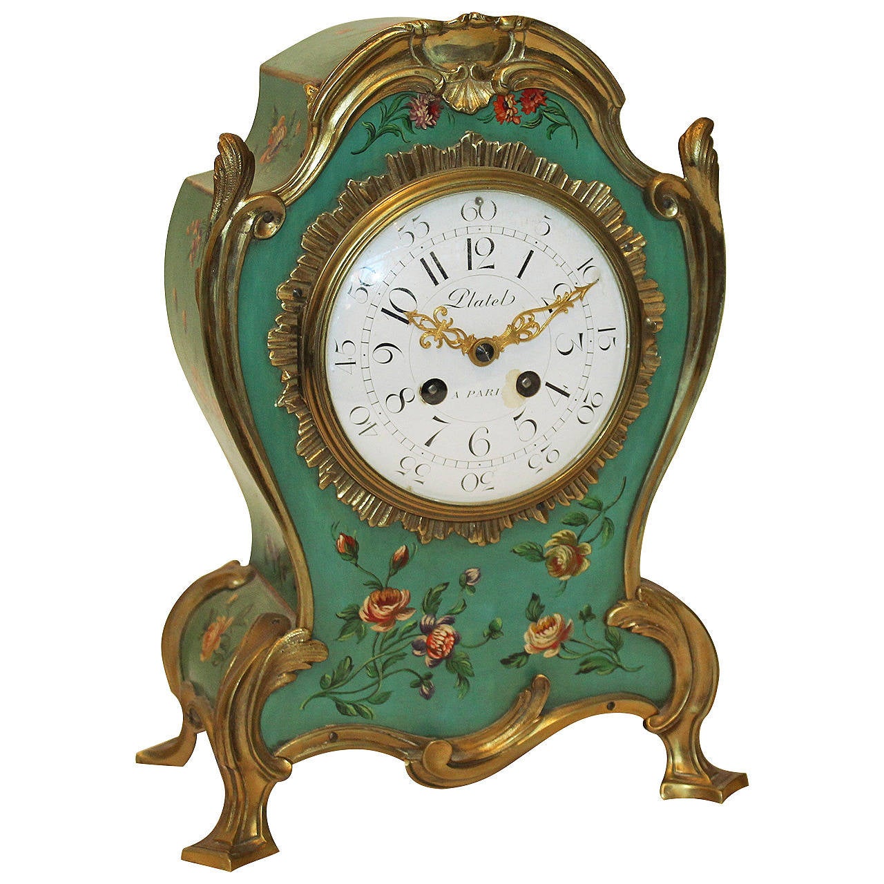 French Green Painted Mantel Clock by Platel, Paris circa 1900 For Sale