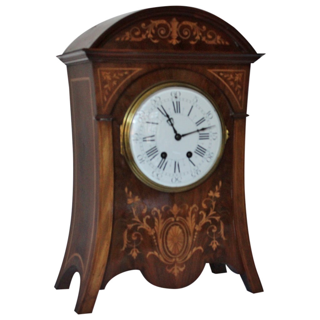 Inlaid Mahogany Mantel or Table Clock by A.D. Mougin, Paris, circa 1900 For Sale