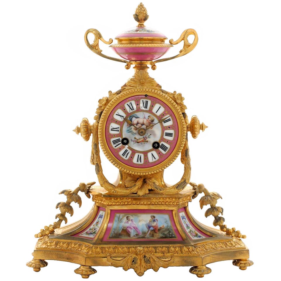French, Ormolu and Pink Porcelain Mantel Clock, circa 1870 For Sale